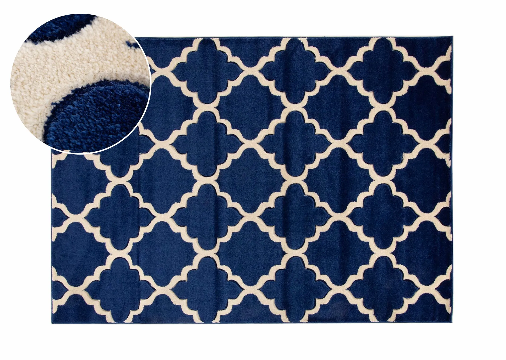 A navy blue rug with cream trellis design from EZ Livings Delia range. Front view