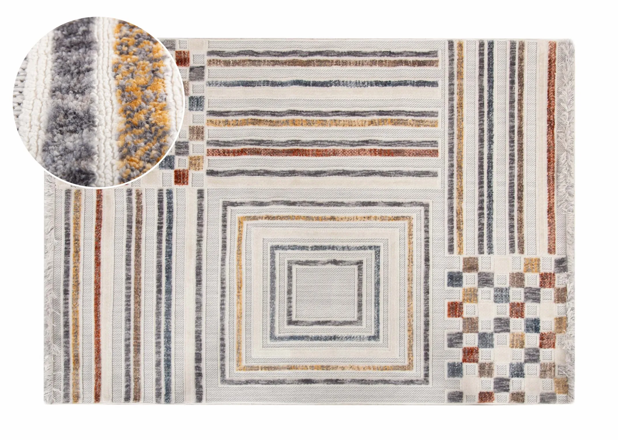A white bohemain rug with rust