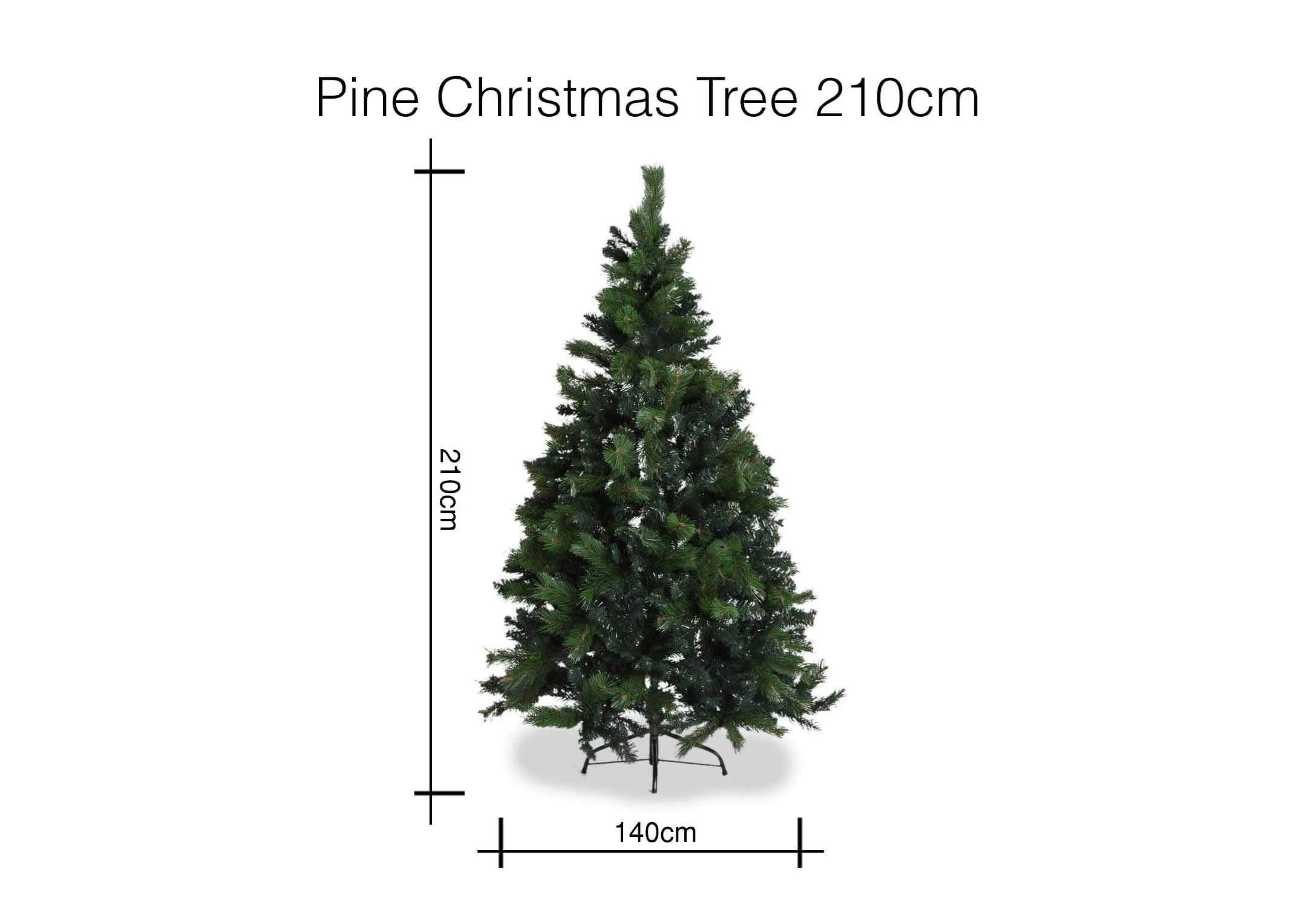 An image showing the dimensions of 180cm pine Christmas tree 210cm (Height) X 140cm (Width)