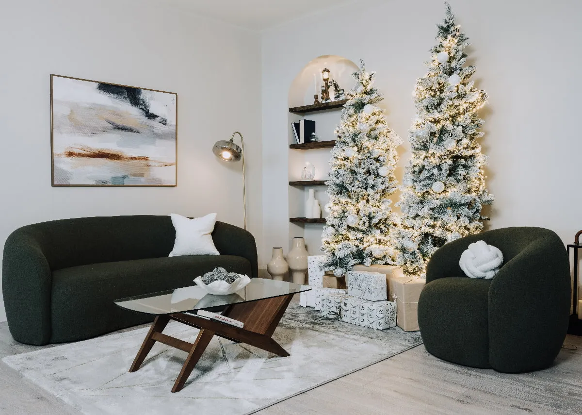 An 8ft artificial white Christmas tree from EZ Livings Noble range. Front view