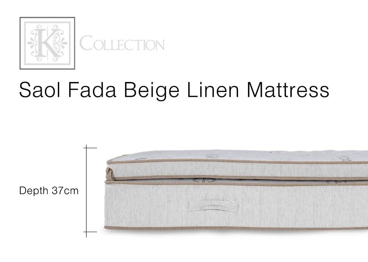 A dimension image of the Saol Fada Platinum 1800 beige linen showing mattress depth of 37cm