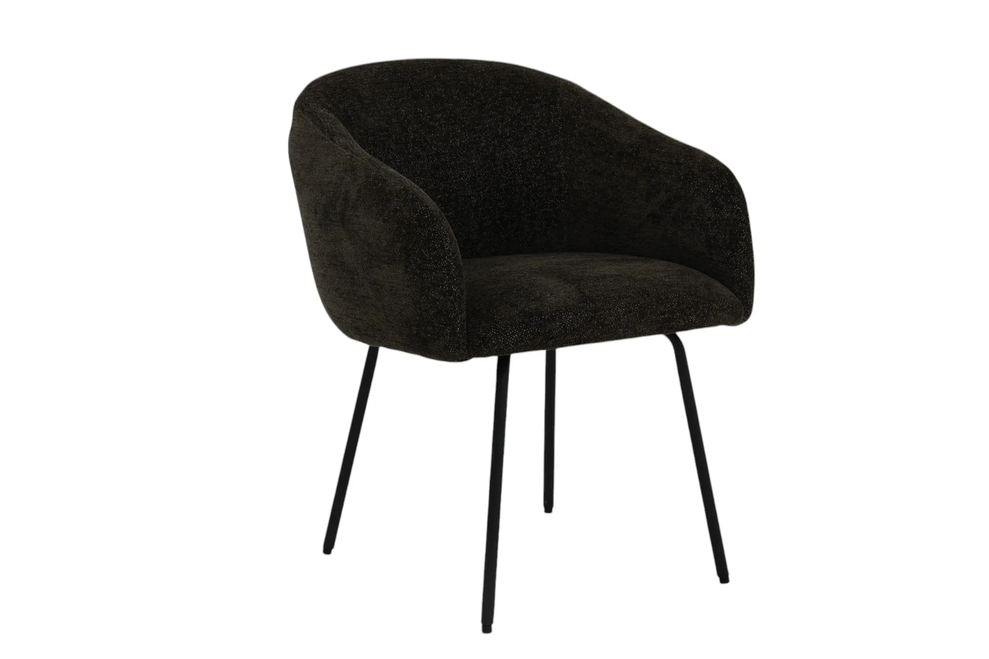 A green fabric dining chair from EZ Livings Rotterdam range. Angled view of curved seat back and sides.