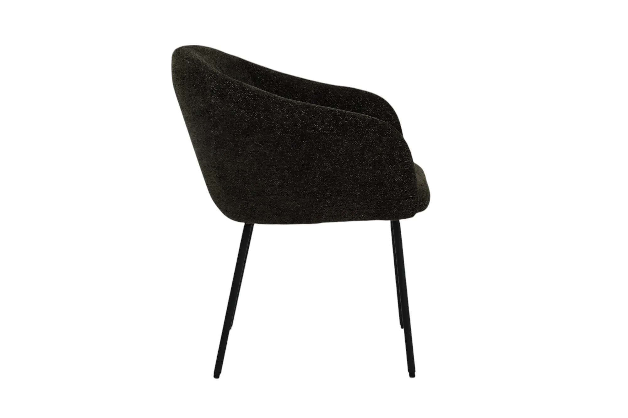 A green fabric dining chair from EZ Livings Rotterdam range. Side view of slanted arms