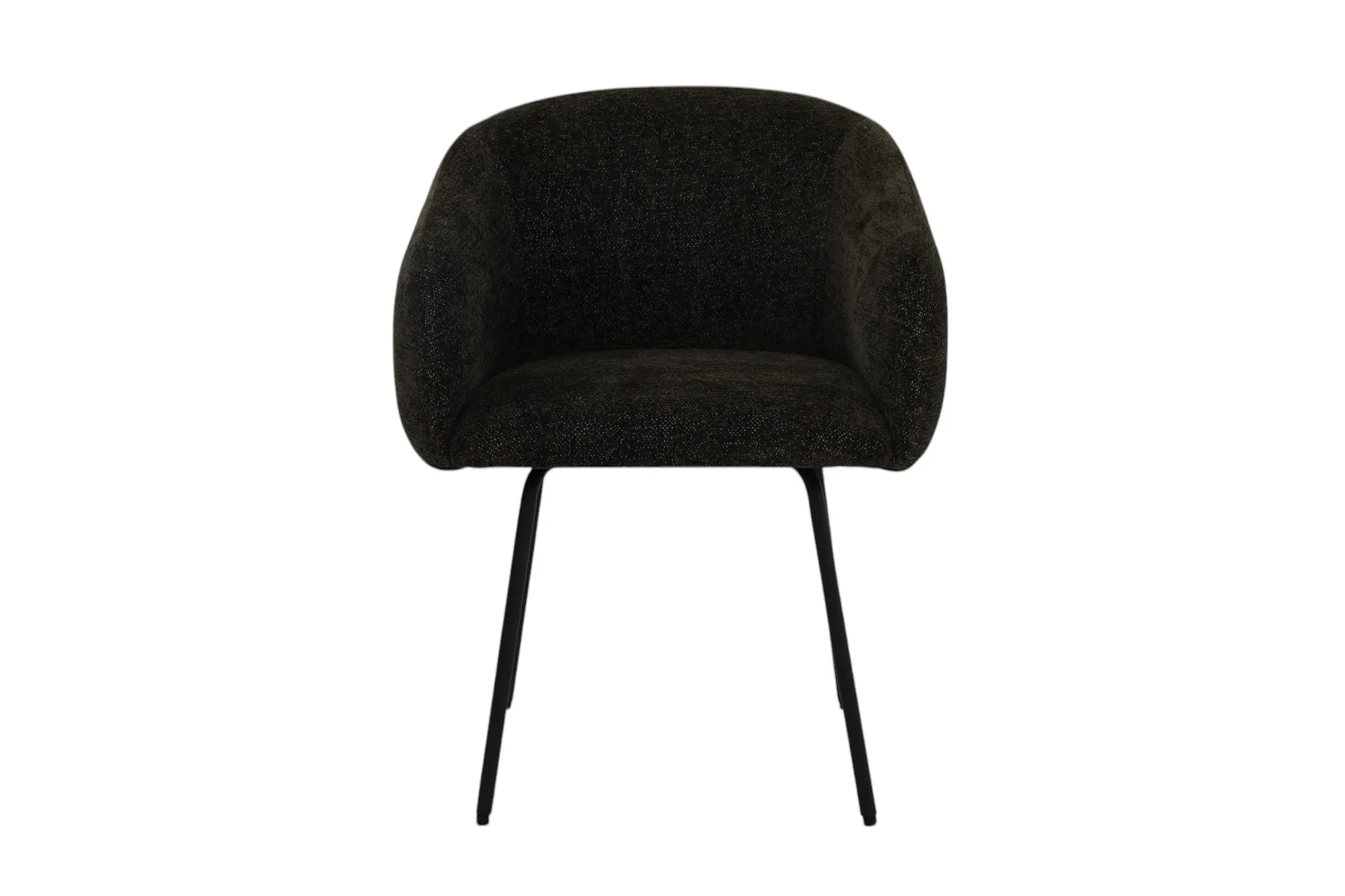 A green fabric dining chair from EZ Livings Rotterdam range.Front view of black metal legs.