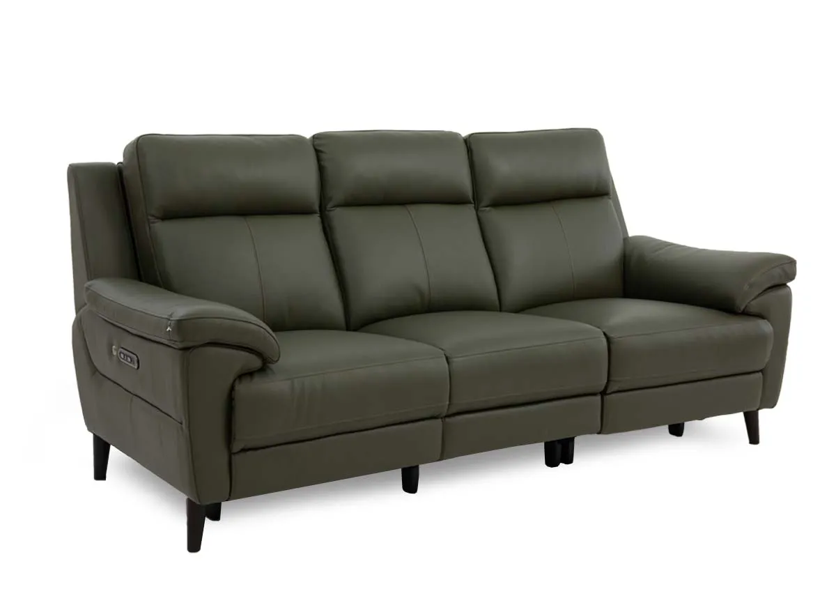 3 Seater Green Leather Power Recliner Sofa - Elliot