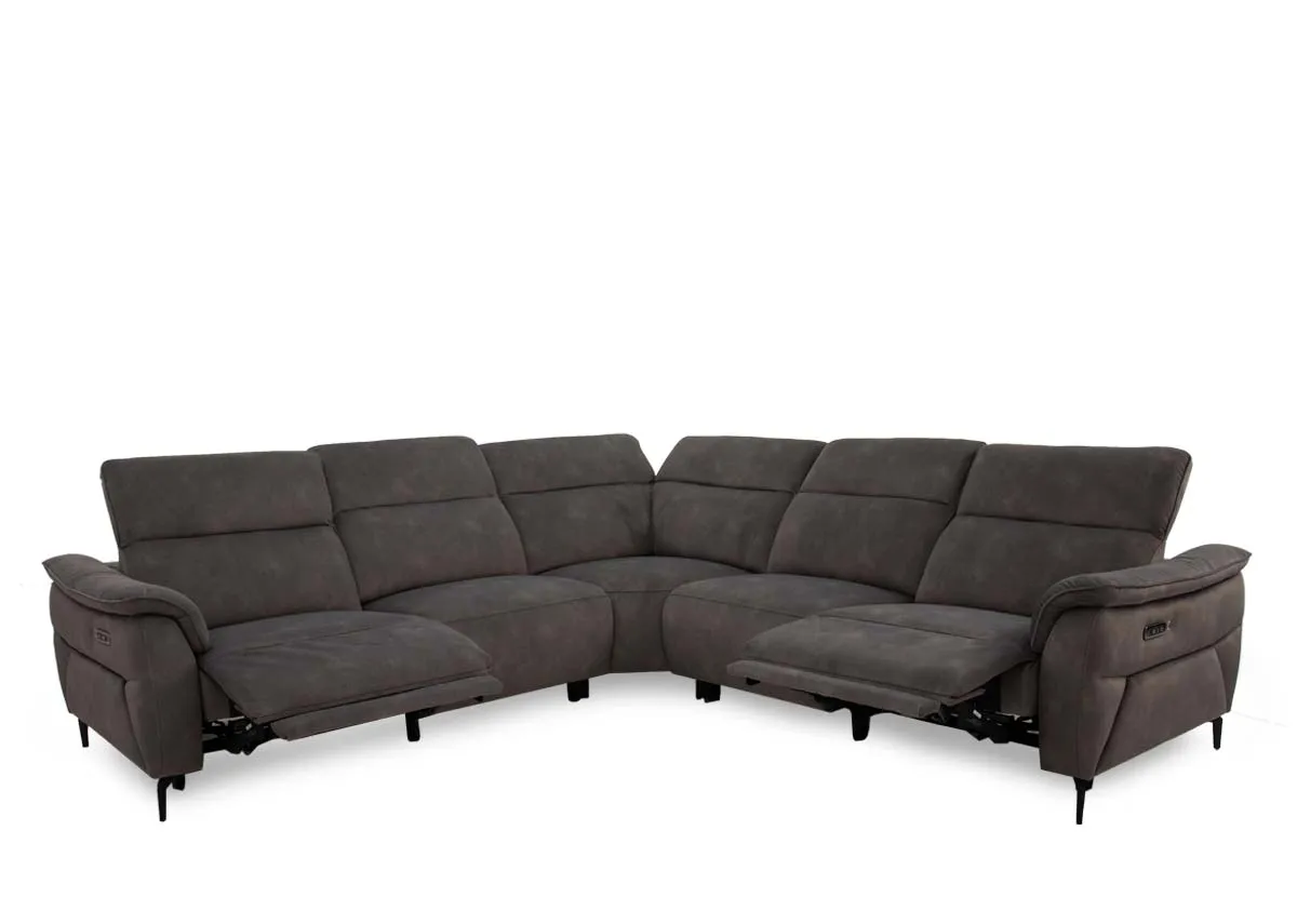 A brown fabric power reclining sofa from EZ Livings Carlton range. Angled view of 2 armchair ends reclined.