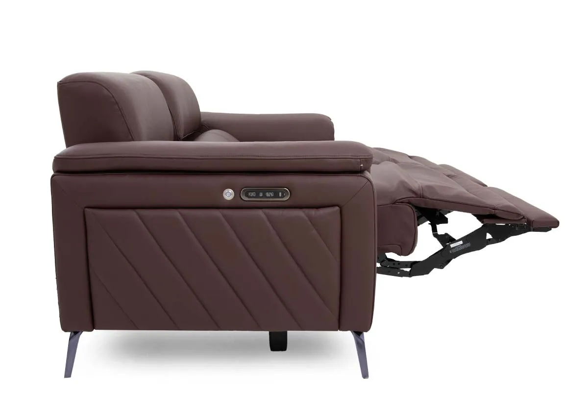A 3 seater brown leather power recliner from EZ Livings Paige range. Side view of chair reclined