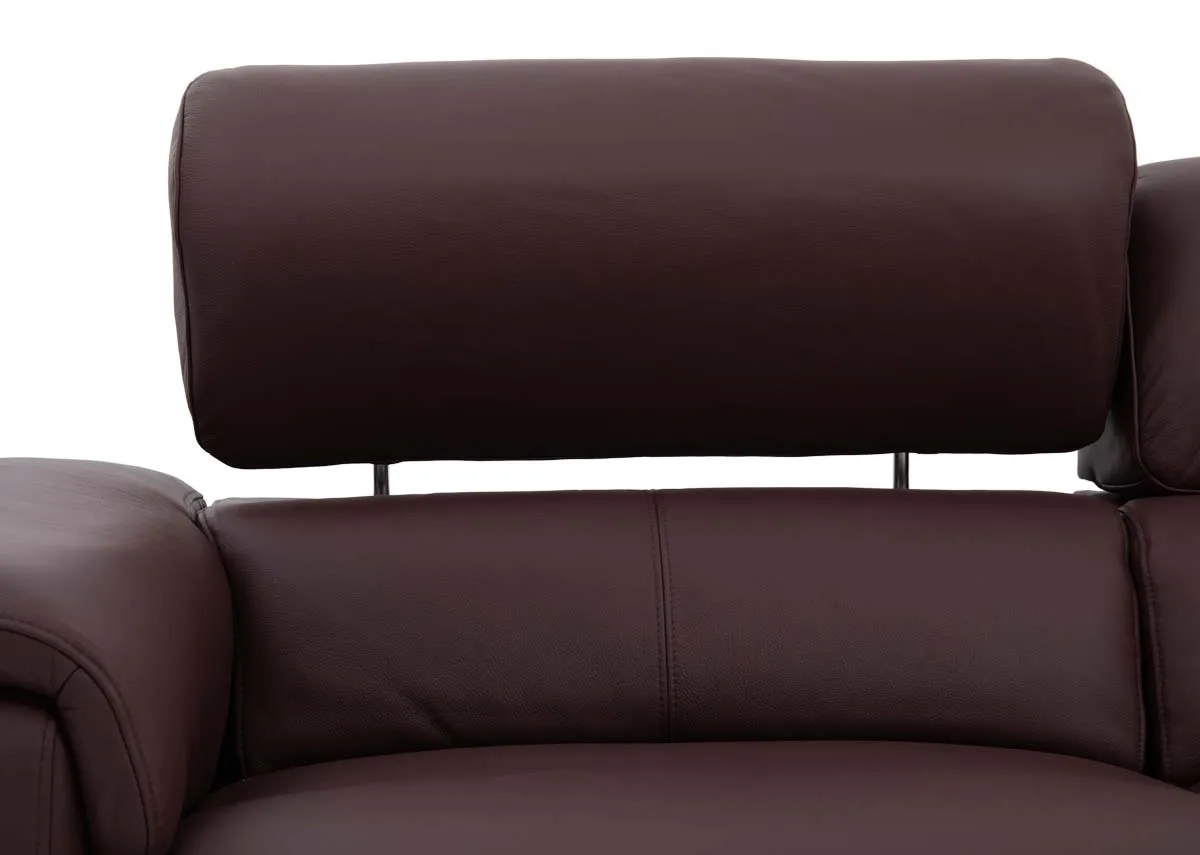 A 3 seater brown leather power recliner from EZ Livings Paige range. Closeup of adjustable headrest