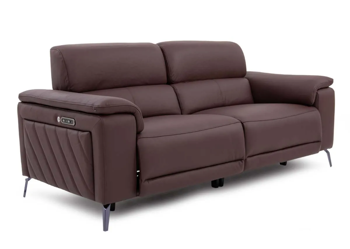 A 3 seater brown leather power recliner from EZ Livings Paige range. Angled view of sofa in fixed mode.