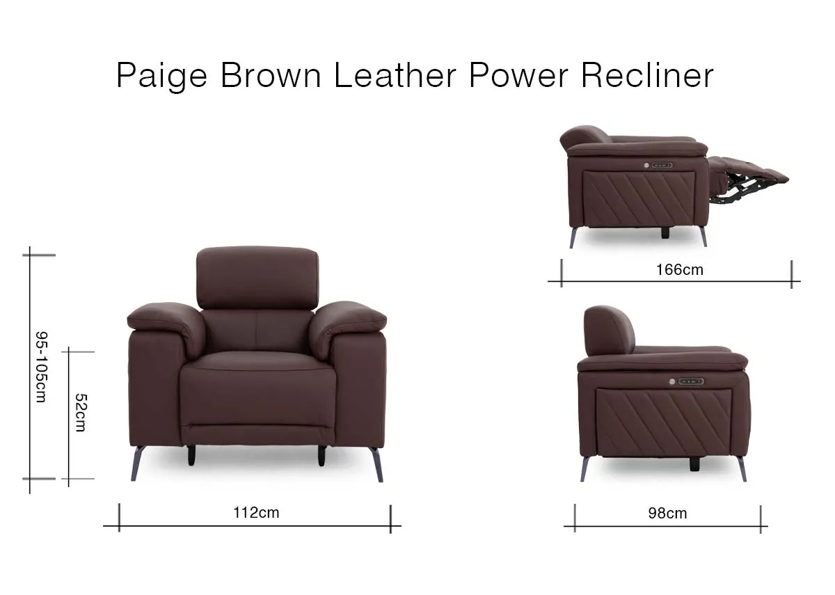 A dimension image of the Paige Power Recliner with 112cm x 98-166cm D x 95-105cm H
