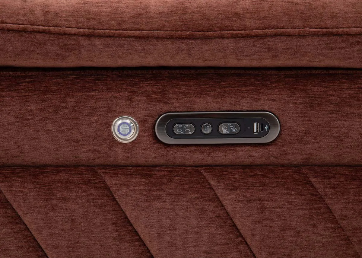 A 3 seater rust brown power recliner from EZ Livings Paige range. Closeup of button for storage and recline with usb