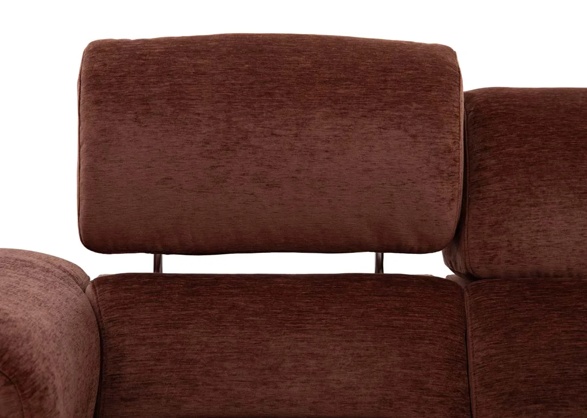 A 3 seater rust brown power recliner from EZ Livings Paige range. Closeup of adjustable headrest