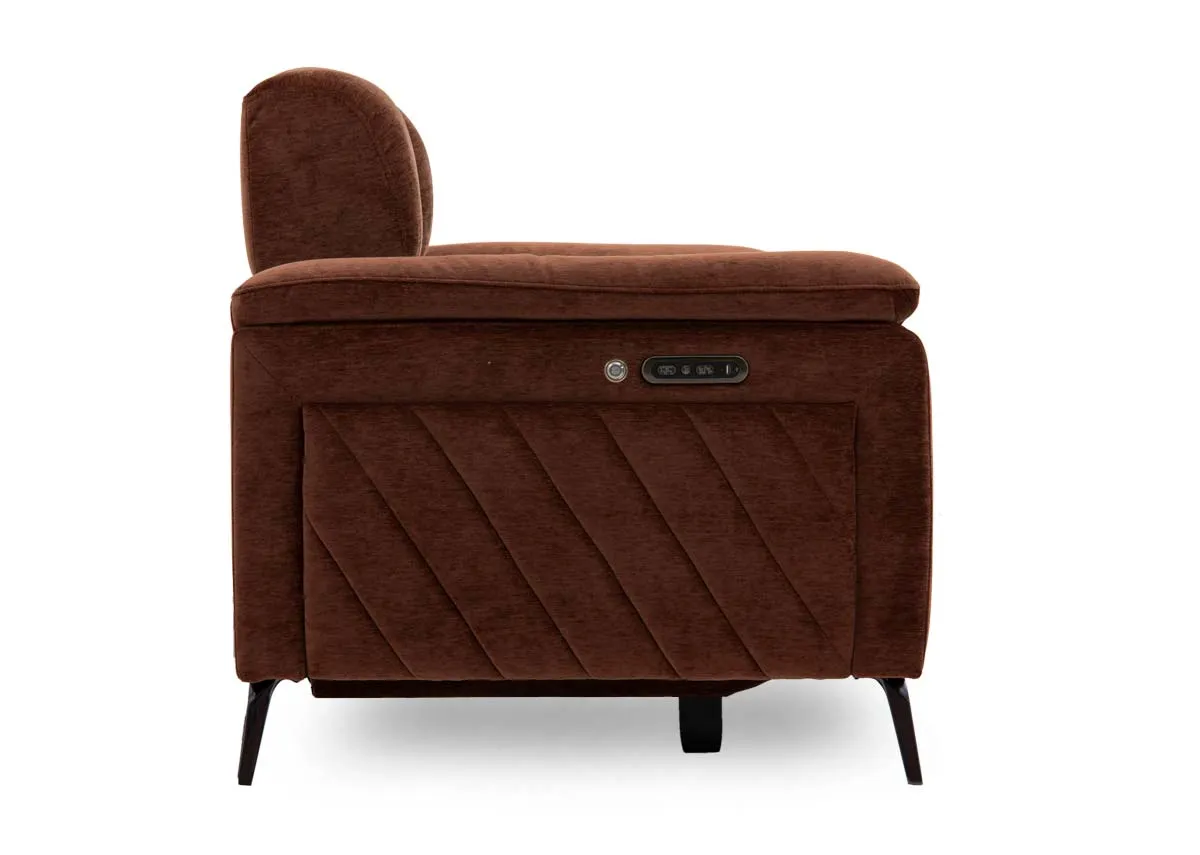 A 3 seater rust brown power recliner from EZ Livings Paige range. Side view shows diagnol seam detail
