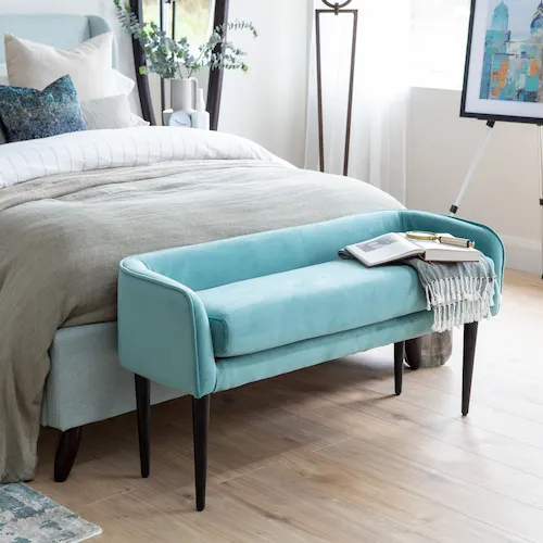 Harbour light blue velvet bench from EZ Living Furniture.
