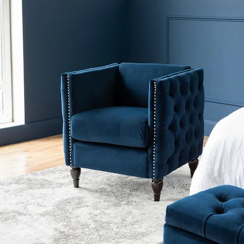 Majestic blue velvet bedroom chair from EZ Living Furniture.