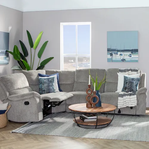 Elm corner fabric reclining corner sofa from EZ Living Furniture.