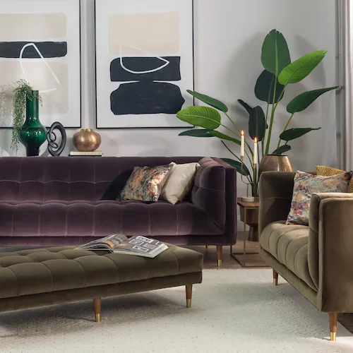 Grace purple and olive green velvet sofas from EZ Living Furniture.