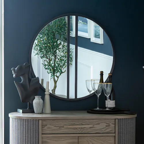 Monroe dark grey round wall mirror from EZ Living Furniture.