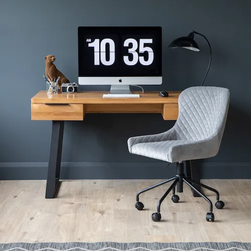 Mila 2 drawer oak desk with black legs with Ottowa grey velvet Office Chair.