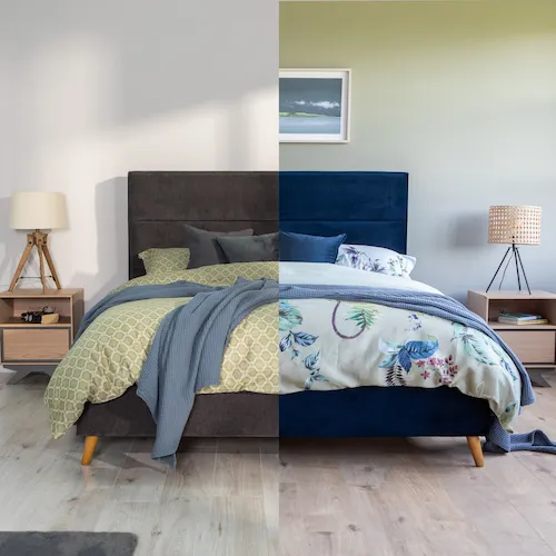 Ebony Bed Frame in grey and blue velvet from EZ Living Furniture.