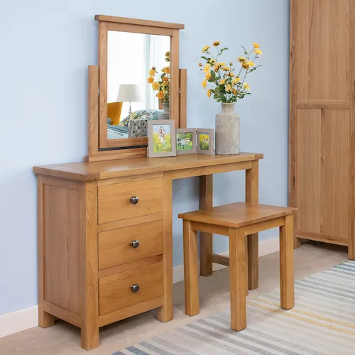 Hayley Oak Dressing Table, stool and mirror from EZ Living Furniture.