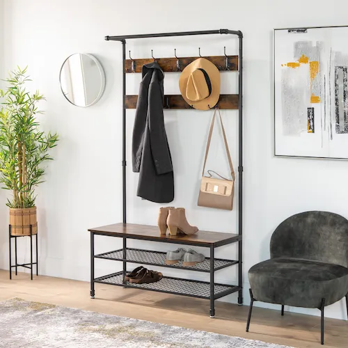 Yaga Large Rustic Brown Coat Stand & Metal Shoe Rack from EZ Living Furniture.