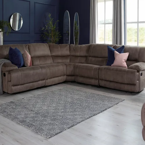Small Taupe Faux Suede Reclining Corner Sofa at EZ Living Furniture.