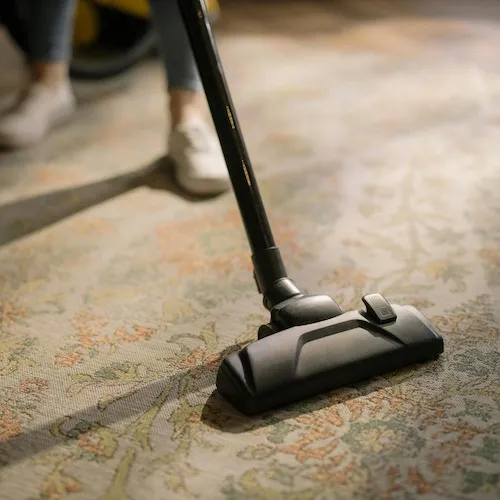 Vacuuming a rug.
