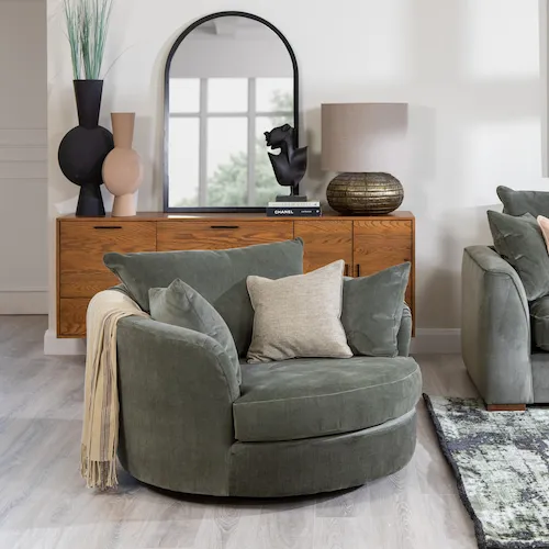 Lucius swivel armchair with textural accessories.