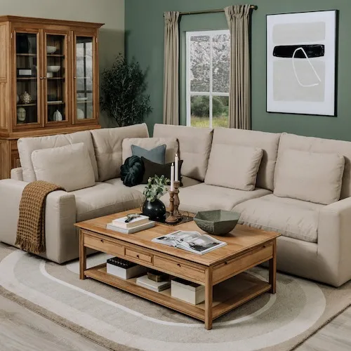 Cozy medium light grey fabric corner sofa from EZ Living Furniture.