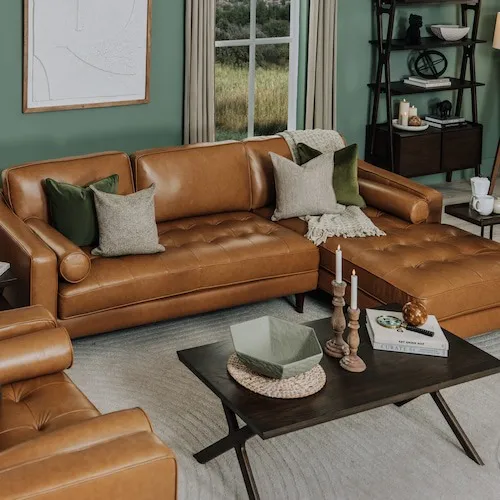 Genoa tan leather rhf corner chaise from EZ Living Furniture.