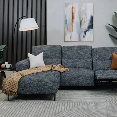 Lincoln 3 Seater Blue Fabric Power Recliner & RAF Corner Chaise from EZ Living Furniture.