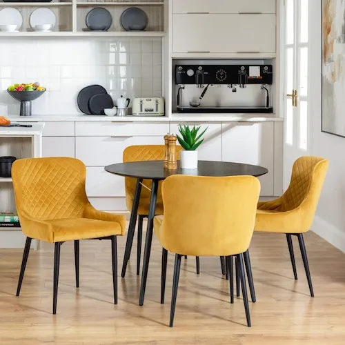 Lux Black Round Dining Table with 4 Ottowa Mustard Chairs at EZ Living Furniture.