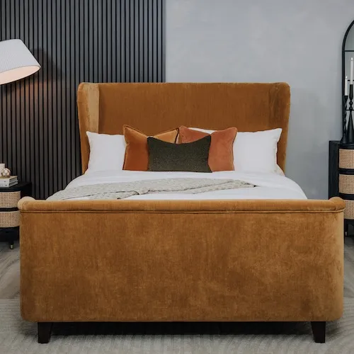 Maison gold velvet bed frame at EZ Living Furniture.