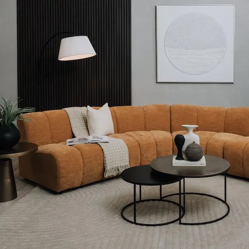 Tokyo Gold Velvet Curved Corner Sofa at EZ Living Furniture.