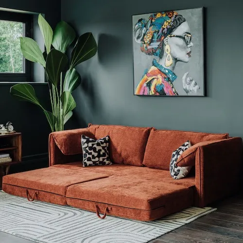 Pierce 3 Seater Dark Orange Fabric Sofa Bed at EZ Living Furniture.