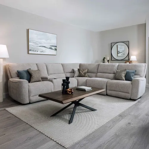 Ashbrook Large Beige Fabric Power Reclining Sofa with USB & Drinks Holder at EZ Living Furniture.