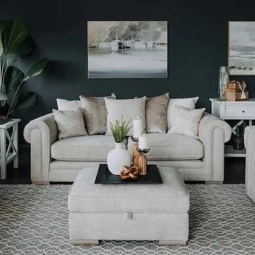 Olivia 4 Seater Beige Fabric Pillowback Sofa at EZ Living Furniture.