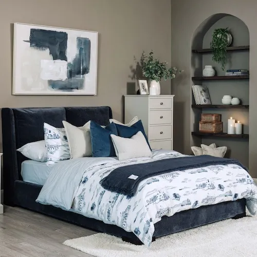 Comfy 5ft Blue Fabric Ottoman bed at EZ Living Furniture.