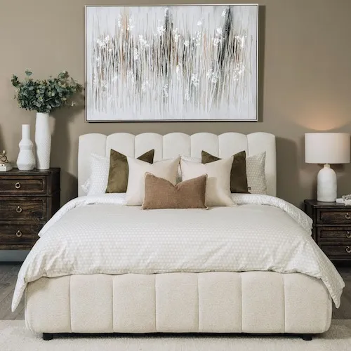 Julia Cream Fabric Chanelled Tufted Bed Frame at EZ Living Furniture.