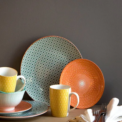 Multi-coloured dinnerware from EZ Living Furniture.
