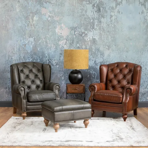 Adare brown and grey leather armchairs from EZ Living Furniture.
