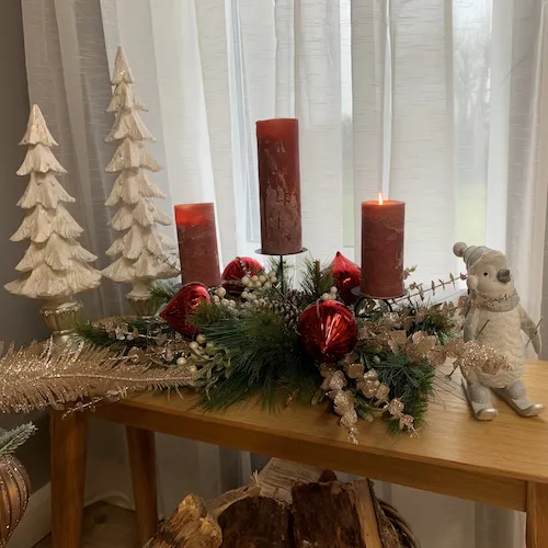 Christmas Candelabra with baubles, sprays, and Christmas Ornaments.