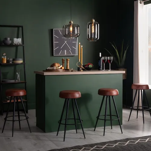 Green kitchen with brown dalton bar stools from EZ Living Furniture.