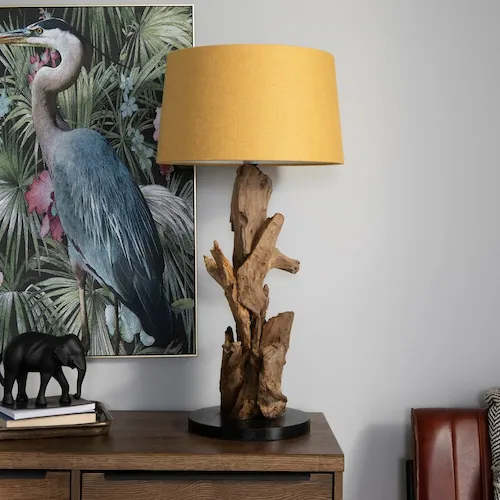 Arbanasi tree bark lamp with yellow shade from EZ Living Furniture.