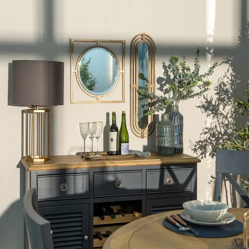 Gold slim oval Mackenzie Mirror from EZ Living Furniture.