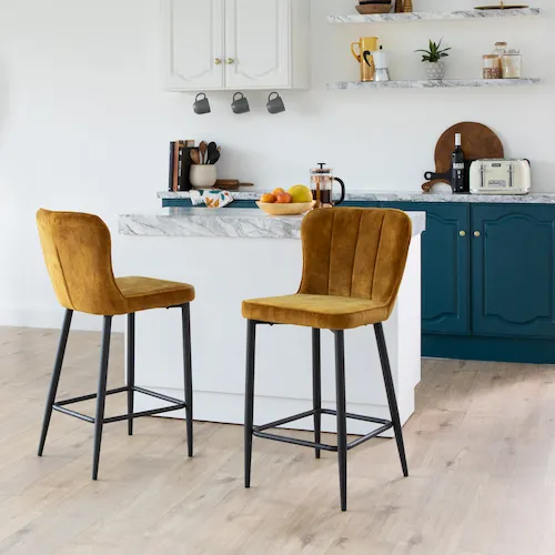 Heuston amber yellow velvet bar stool from EZ Living Furniture.