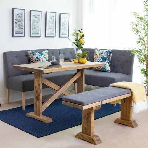 Stanford grey fabric left hand facing corner dining bench from EZ Living Furniture.