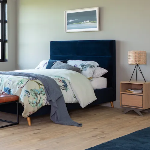 Ebony blue velvet divan bed frame from EZ Living Furniture.