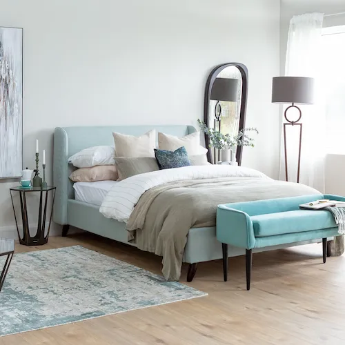 Marcello blue fabric bed frame from EZ Living Furniture.